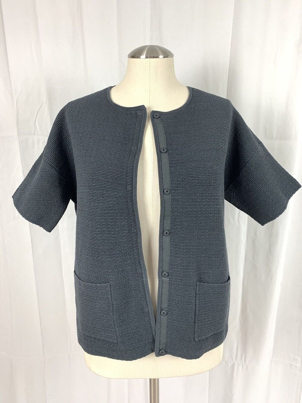 EILEEN FISHER Silk blend Round Neck Graphite Grey Cardigan XS NWT $328